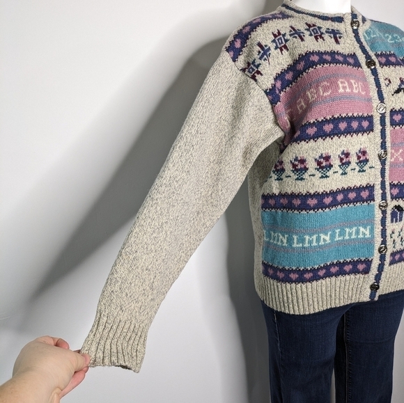 Vintage Woolrich tan blue pink school teacher wool blend button up cardigan M - Picture 2 of 8